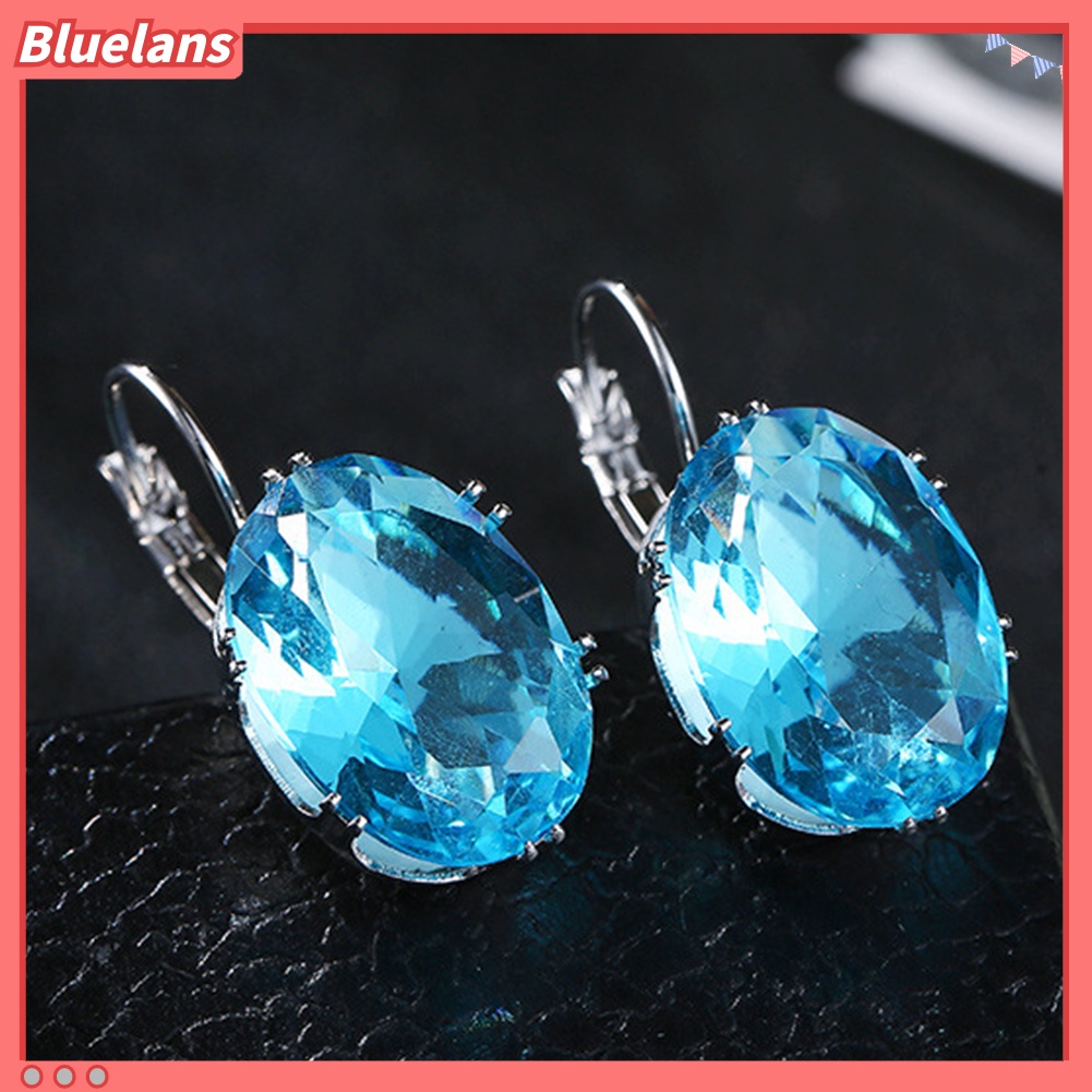 {In Stock} Elegan Wanita Oval Batu Permata Imitasi Hias Menjuntai Leverback Earrings Perhiasan Hadiah