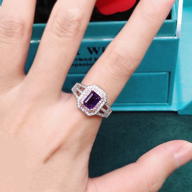 Goldkingdom Fashion Perhiasan Aksesoris Ready Stock Alami Olivine Cincin Wanita Natural Amethyst Emerald Cut Two Tone Open Ended Colored Treasure Ring