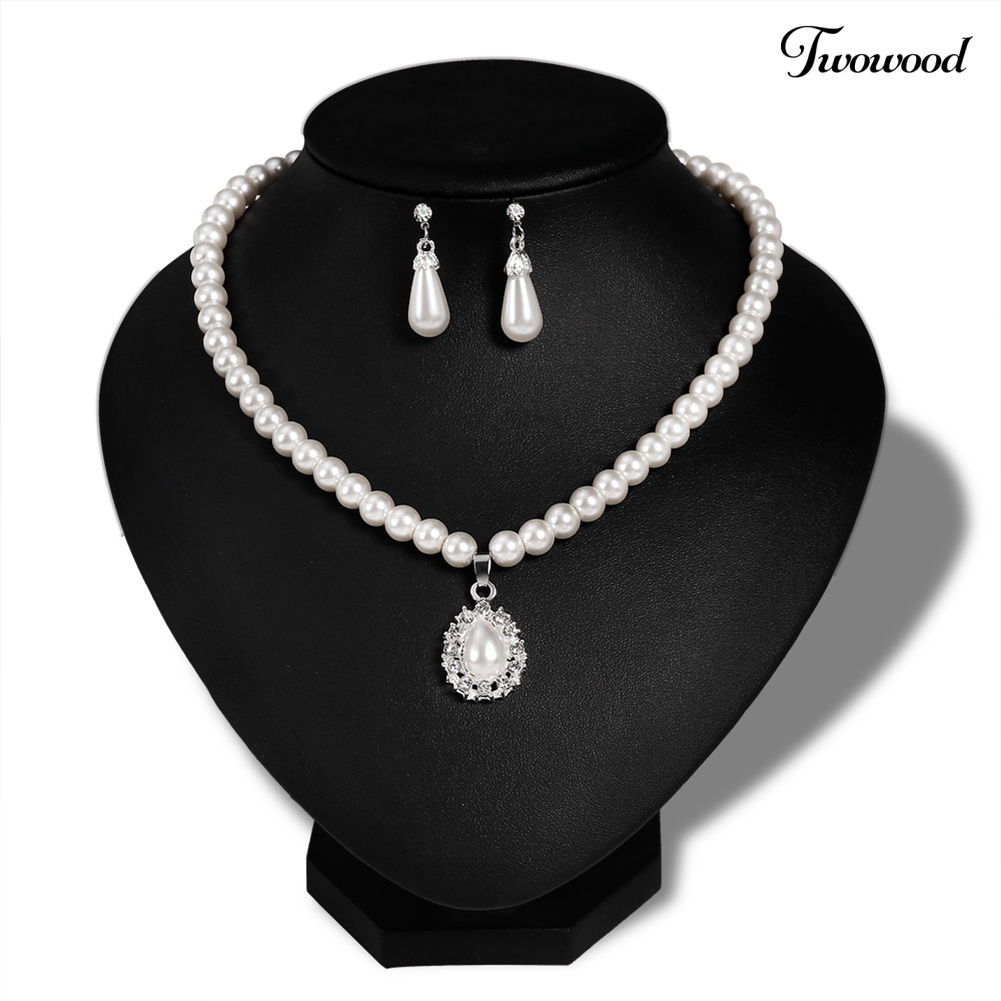 Twowood Royal Style Princess Mutiara Imitasi Teardrop Liontin Elegan Kalung Anting