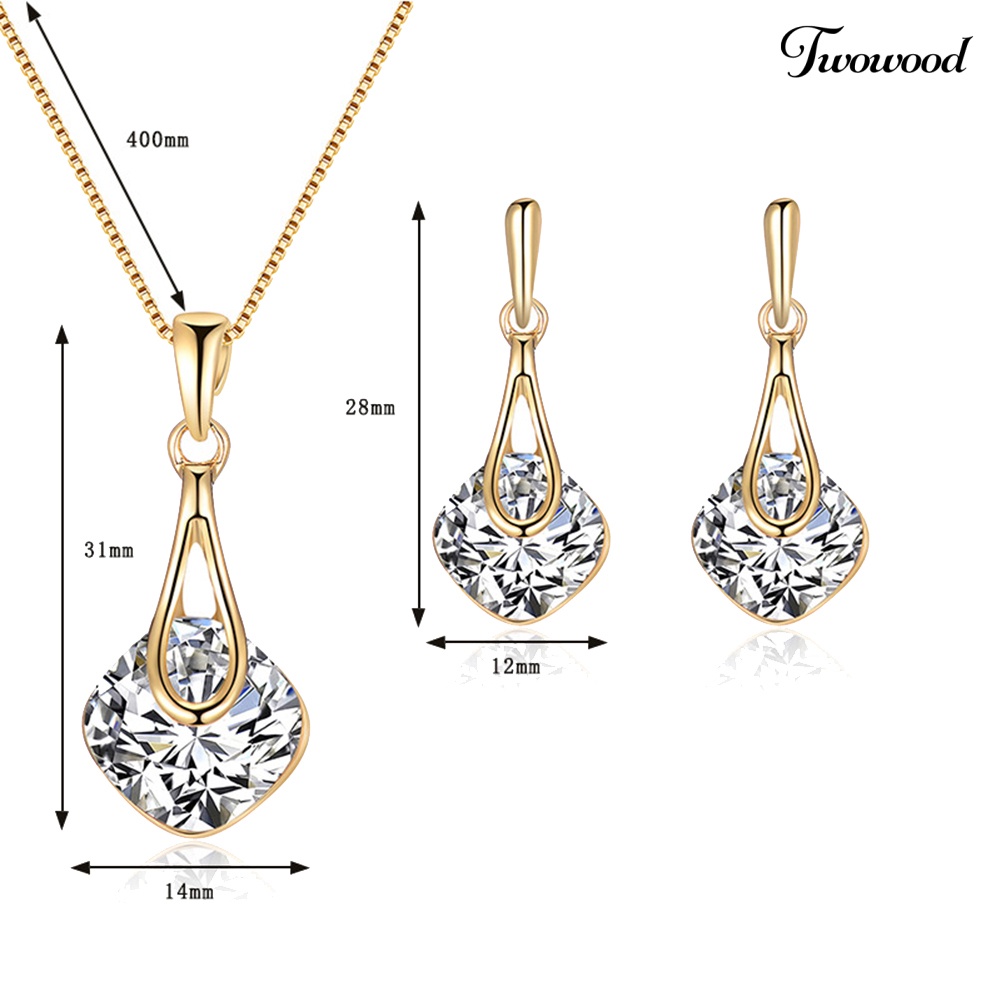 Twowood Water Drop Pendant Square Berlian Imitasi Ear Stud Earrings Kalung Lady Set Perhiasan