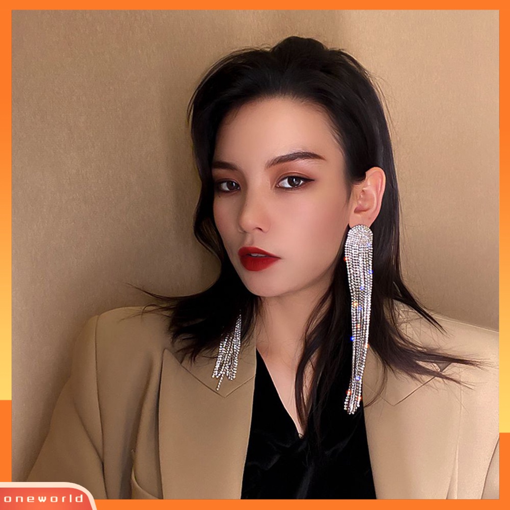 [OWR] 1pasang Drop Earrings Shiny Panjang Rumbai Penuh Berlian Imitasi Temperamen Berkilau Berdandan Hadiah Wanita Menjuntai Anting Pesona Perhiasan Aksesori Busana