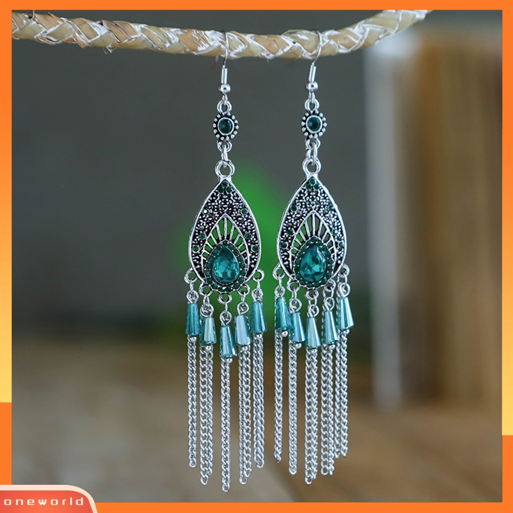 [OWR] 1pasang Wanita Anting Drop-shaped Rumbai Panjang Hias Berlian Imitasi Tahan Keringat Anti Karat Gaya Cina Drop Earrings Fashion Perhiasan