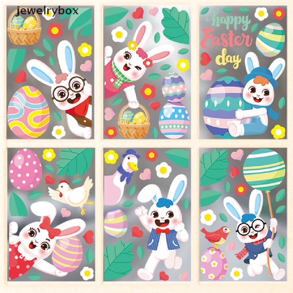 [jewelrybox] 1pc Stiker Jendela Kaca Happy Easter Colorful Bunny Eggs Wall Sticker 20x30cm Butik