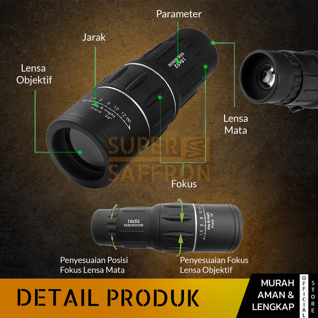 16×52 Teleskop Lensa Zoom HP Monokular Teropong Jarak Jauh Peralatan Focus