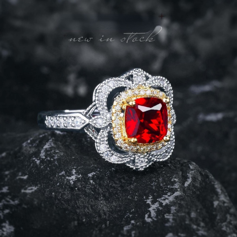 Goldkingdom Aksesoris Perhiasan Fashion Ready Stock Itali Bertekstur Ukir Emas Disikat Iris Mozambik Alami Tidak Gosong Darah Burung Merpati Merah Permata Cincin Perempuan.