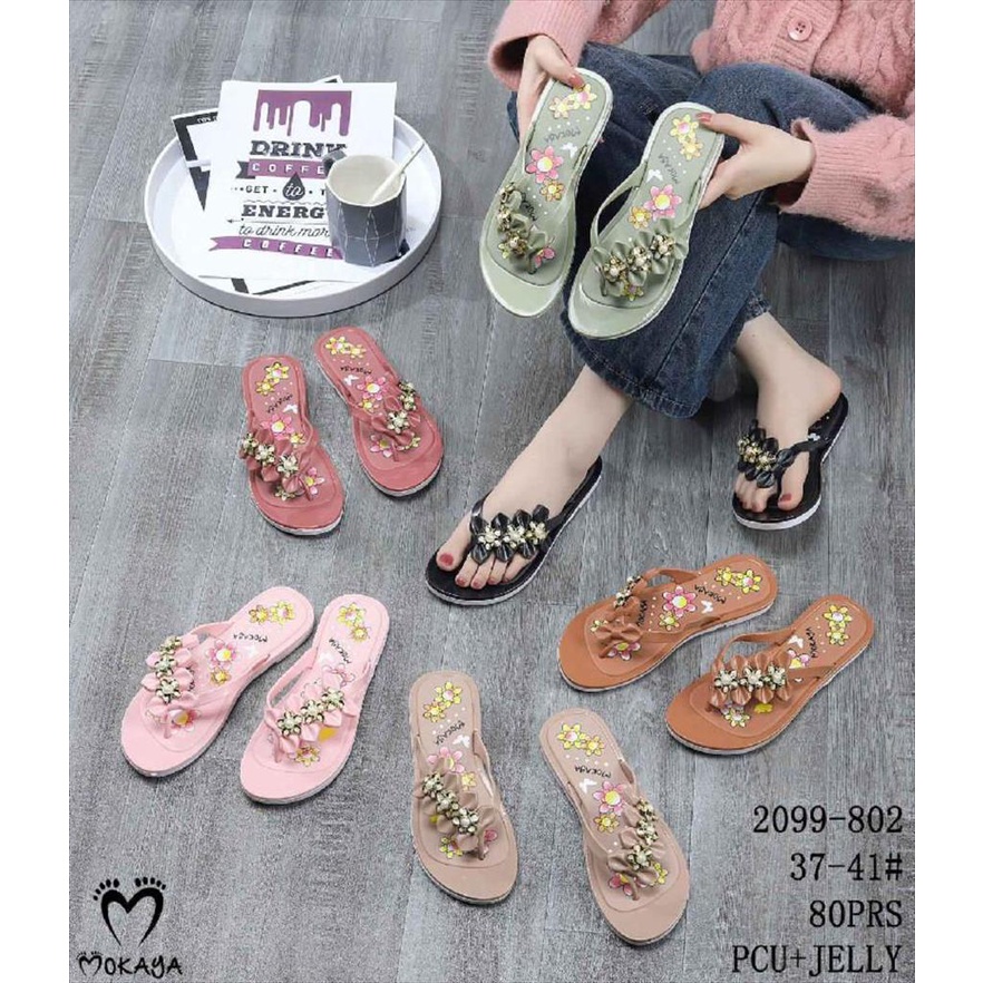 Sandal Jepit Jelly Wanita Pita 4 Samping 3 Bunga Permata Super Pretty Mewah Cute Simple Import Mokaya / Size 37-41 (2099-802)