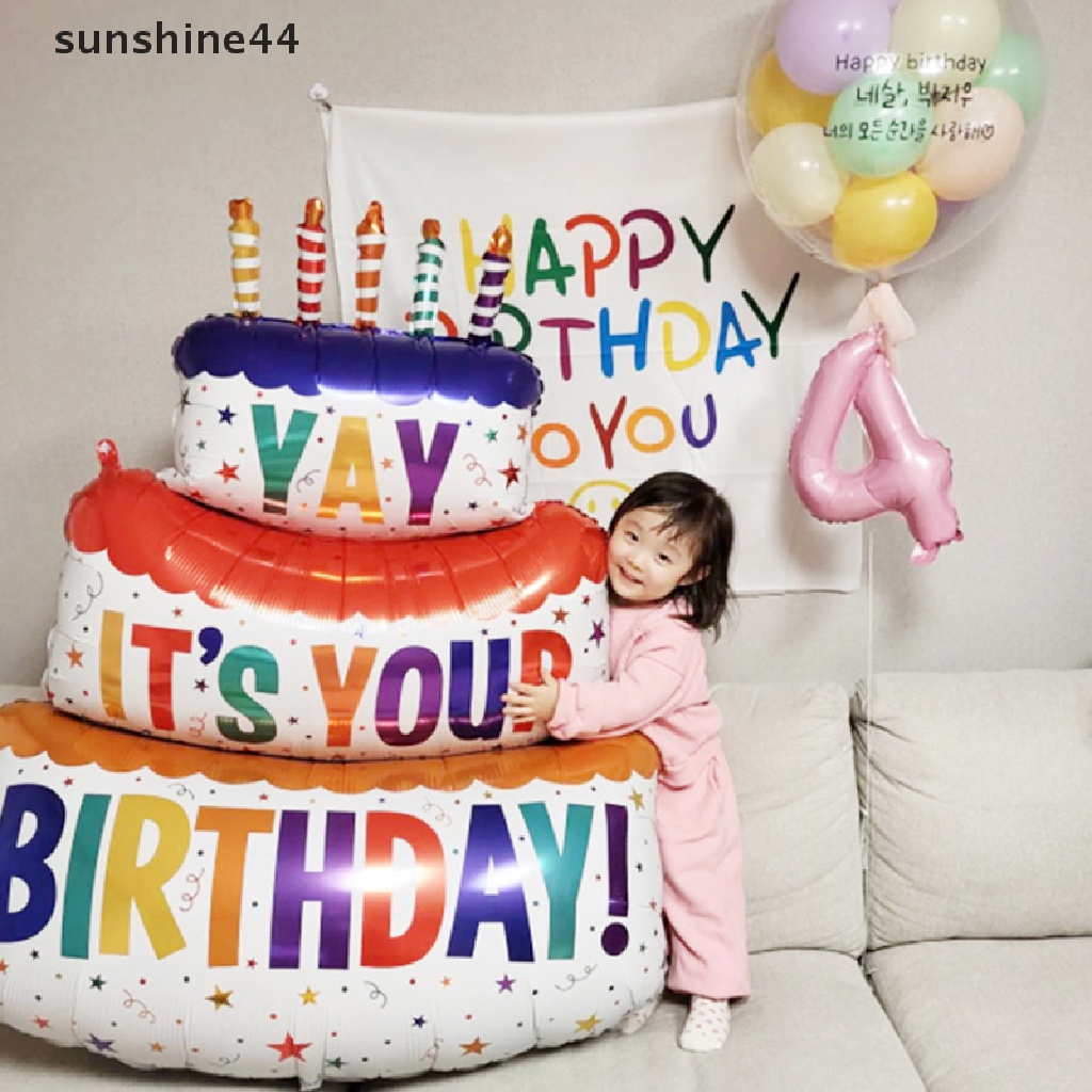 Sunshine Balon Kue Happy Birthday Besar 3-Layer Color Cake Balloons Bear Balon Kue Untuk Pesta Ulang Tahun Anak Baby Shower Dekorasi ID