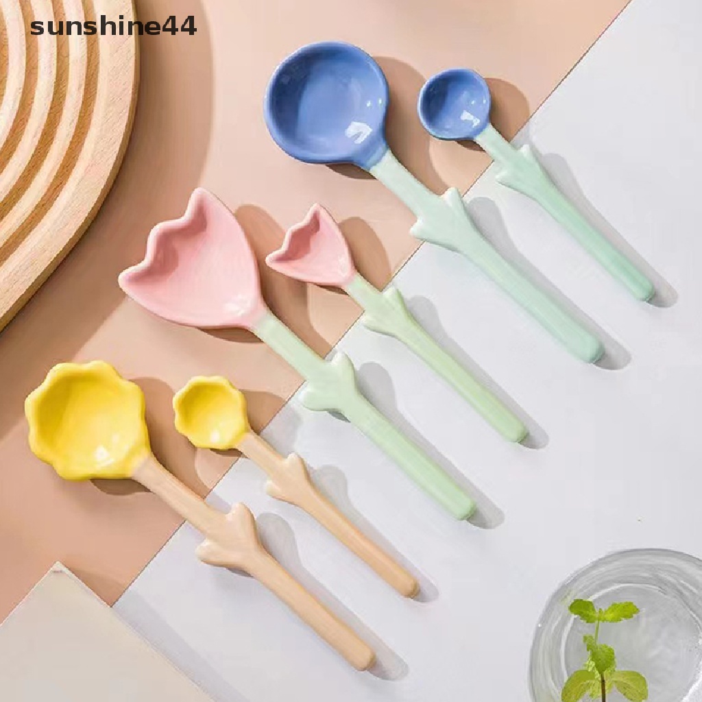 Sunshine 1Pc Sendok Keramik Bentuk Tulip 3D Bunga Sendok Kopi Sarapan Dessert Spoon ID