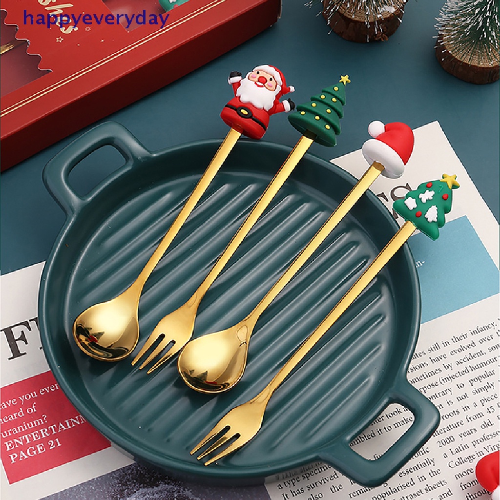 [happy] 4pcs/6pcs Hadiah Natal Alat Makan Sendok Garpu Set Elk Dekorasi Pohon Natal Dessert Spoon Fruit Fork Coffee Spoon Cutlery Gift [ID]