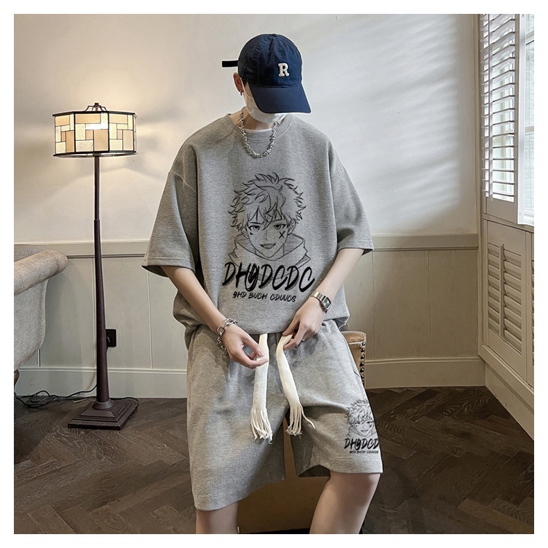 SSMY ONE SET SETELAN T-SHIRT DAN CELANA INTERNET CELEBRITY COUPLE POP FASHION WITH T-SHIRT MEN SHORT-SLEEVED SUIT LOOSE-FITTING HALF-SLEEVED SPORTSWEAR SET