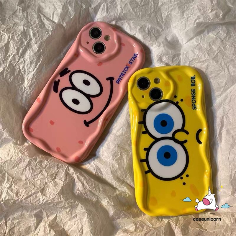Kartun Lucu SpongeBob Patrick Shockproof Case Kompatibel Untuk IPhone 7Plus XR 13 11 14 12 Pro Max 6s 6 7 8 Plus X XS Max Bintang SE 2020 3D Wavy Curved Edge Glossy Airbag Soft Cover