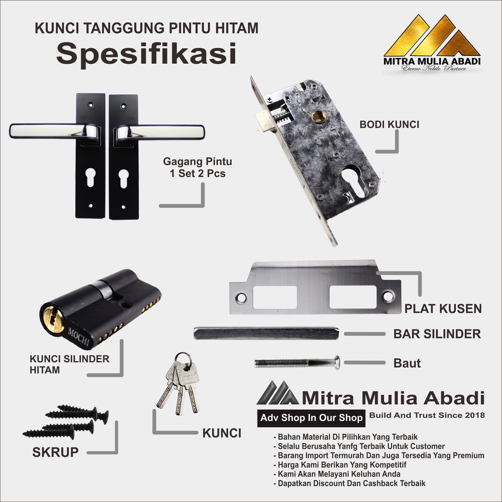 Kunci Pintu Handle Tanggung Hitam SILVER Minimalis Eropa Fullset