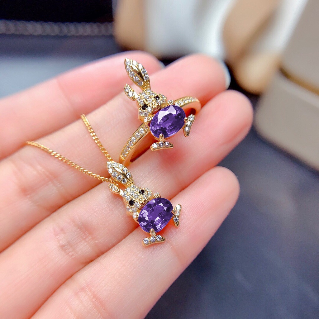 Goldkingdom Aksesoris Perhiasan Fashion Ready Stock Amethyst Lapis Emas Liontin Kelinci Lucu Dengan Micro Full Berlian Rabbit Ring Female