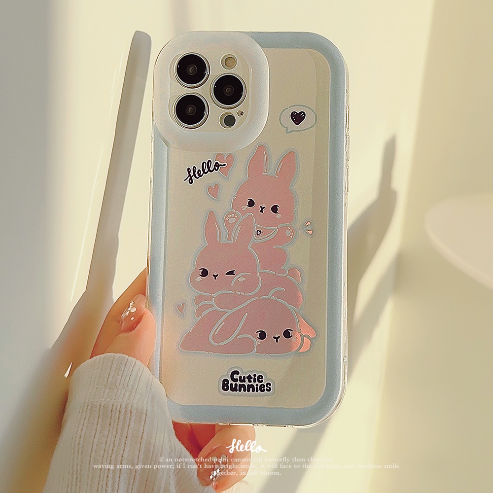 IPHONE Casing Soft Cover Ponsel Transparan Tiga Kelinci Kartun Lucu Dengan Film Laser Untuk Iphone11 12 13 14 PLUS PRO MAX