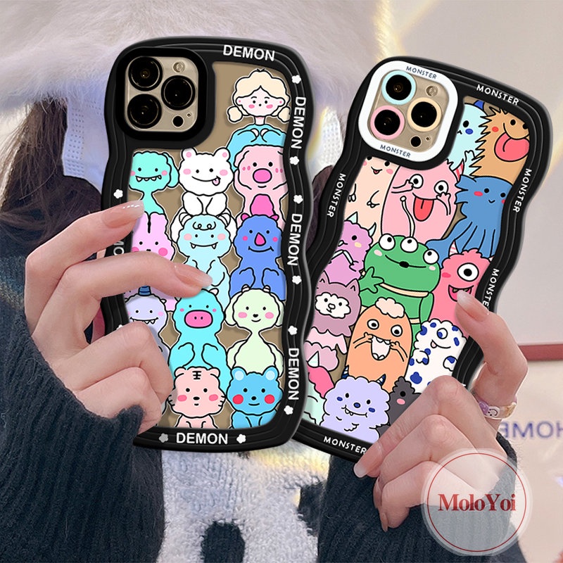 IPHONE Kartun Hewan Lucu Monster Kecil Case Kompatibel Untuk Iphone11 13 12 14 Pro Max 7Plus XR X XS Max 6s 6 7 8 Plus 14Plus SE 2020 Wavy Edge Tpu Soft Phone Cover