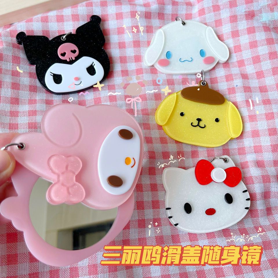 CERMIN BULAT + GANTUNGAN KUNCI SANRIO PORTABLE MOTIF KARTUN CINNAMOROLL KUROMI MELODY / KACA BULAT SANRIO PREMIUM HIGH QUALITY / CERMIN BULATT AESTHETIC LUCU