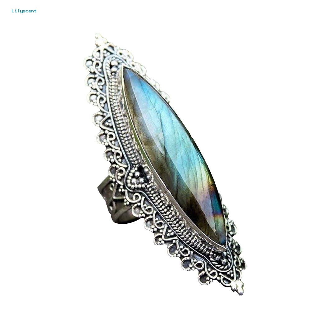 Lilyscent Retro Wanita Marquise Cut Faux Labradorite Hias Caved Finger Cincin Perhiasan Hadiah