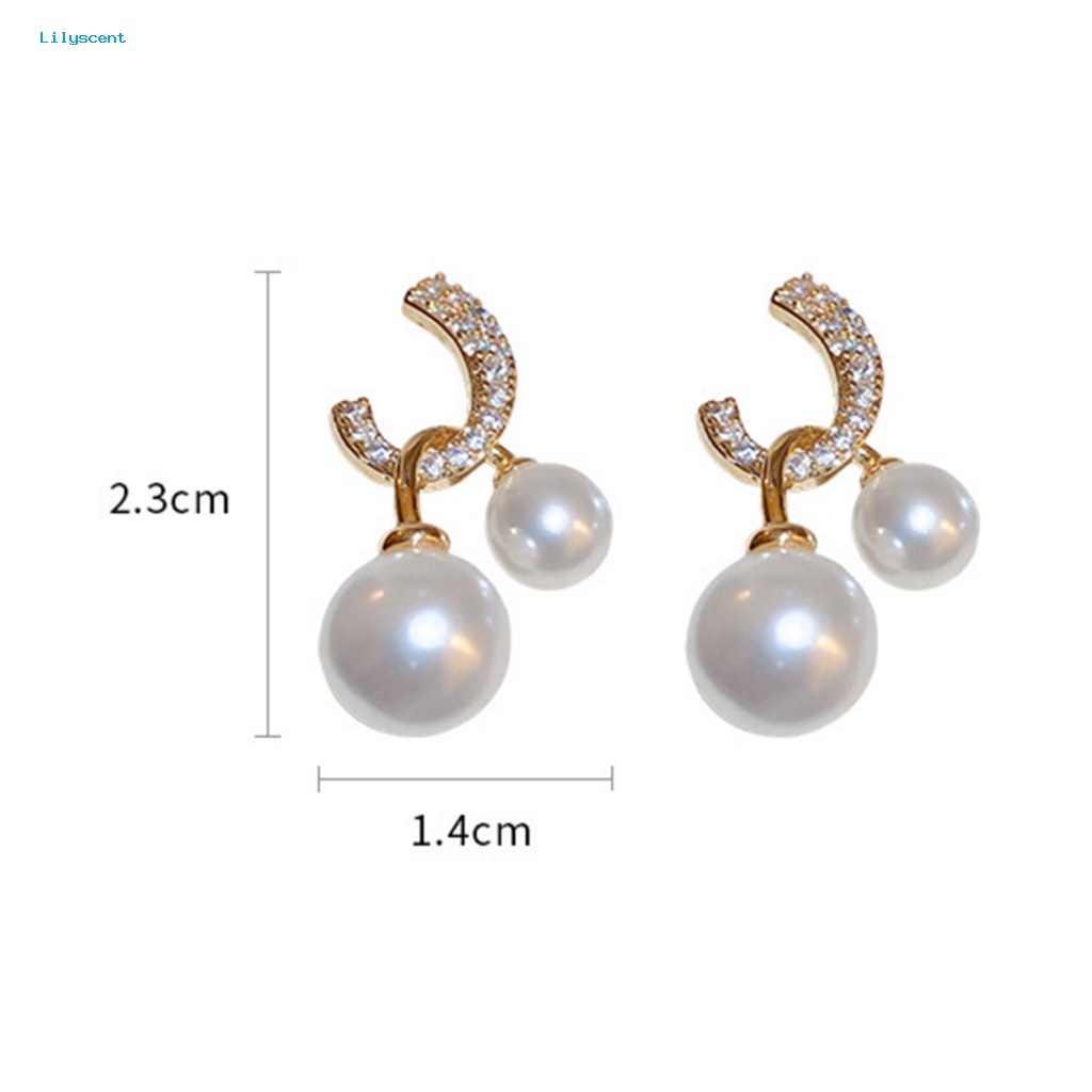 Lilyscent 1pasang Padat Wanita Anting Fashion Perhiasan Mempesona Berlian Imitasi Stud Earrings Dual Faux Pearls