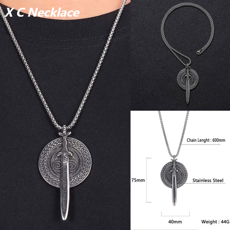 [X C Kalung] Perak Baru Vintage Viking Warrior Pedang Perisai Baja Titanium Liontin Punk Hip Hop Stainless Steel Kalung Hadiah Pesta Ulang Tahun Untuk Pria Dan Wanita