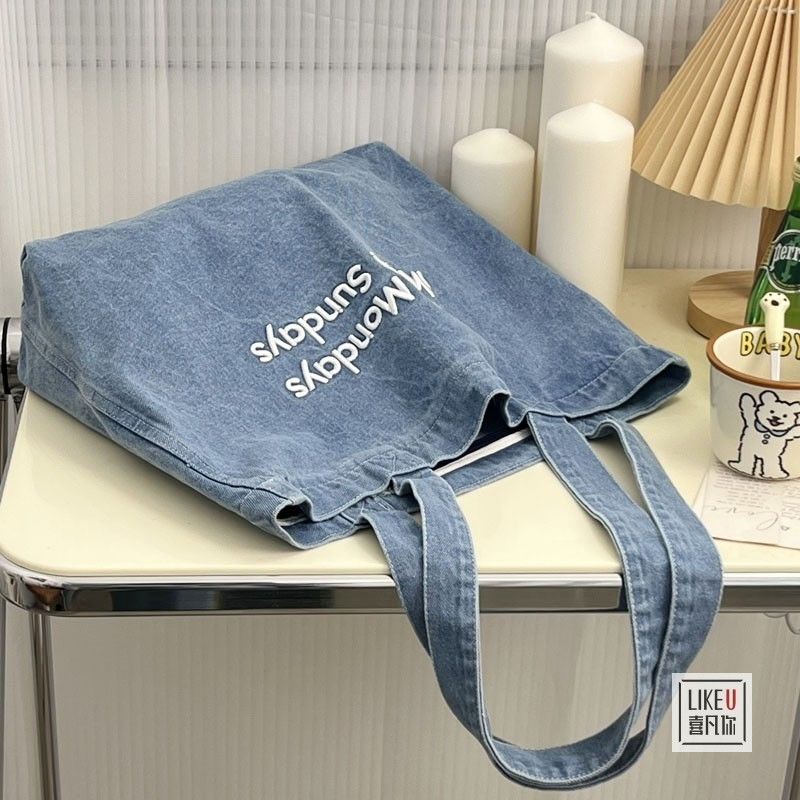 ◐▦∏Sera  Asli Bordir Gaya Korea Denim Dicuci Fashion Serbaguna Komuter Awal Delapan Satu Bahu Portabel Denim Tote Bag