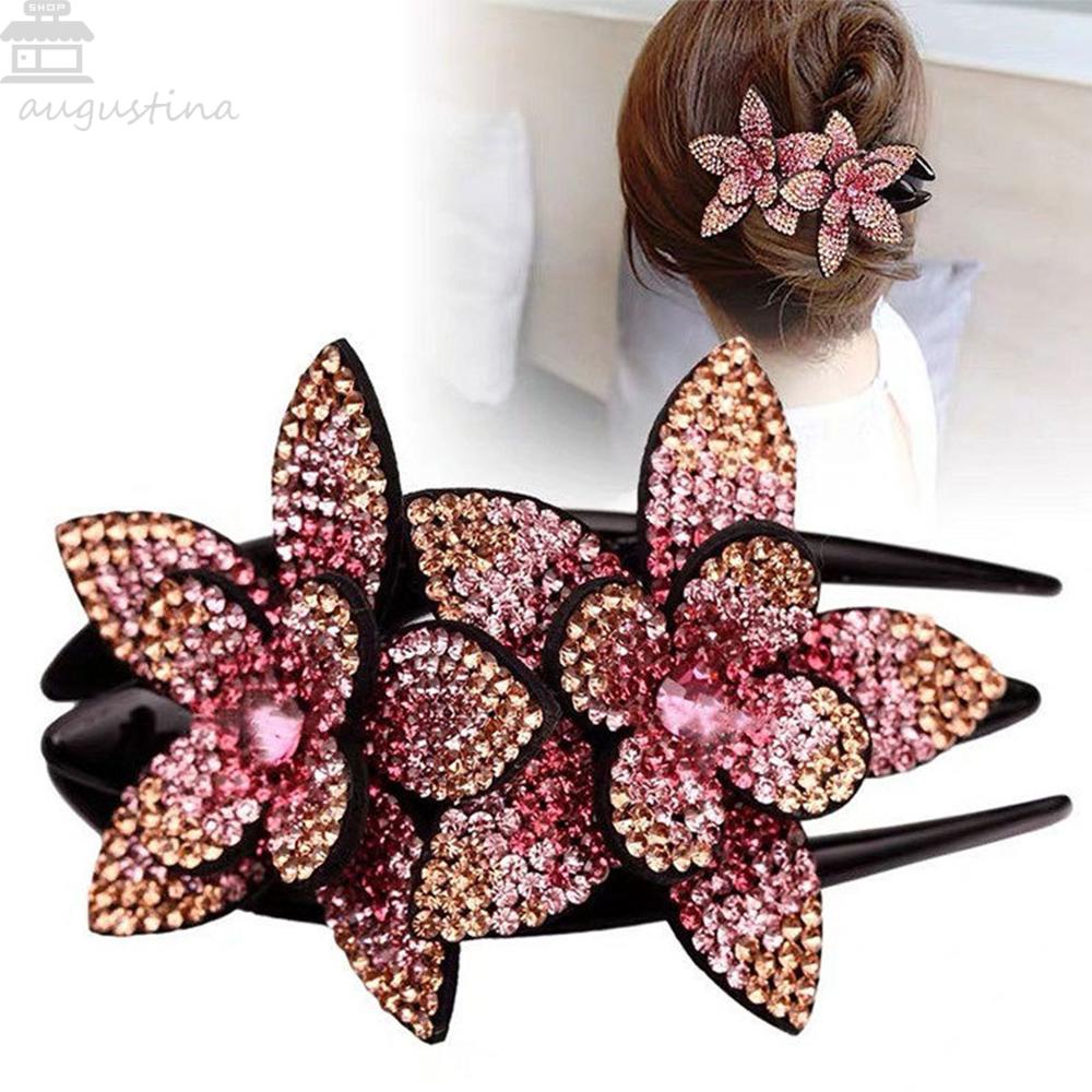 Agustinina Crystal Hair Clip Disk Rambut Wanita Ukuran Besar Bunga Ganda Berlian Imitasi Kristal Hairgrip