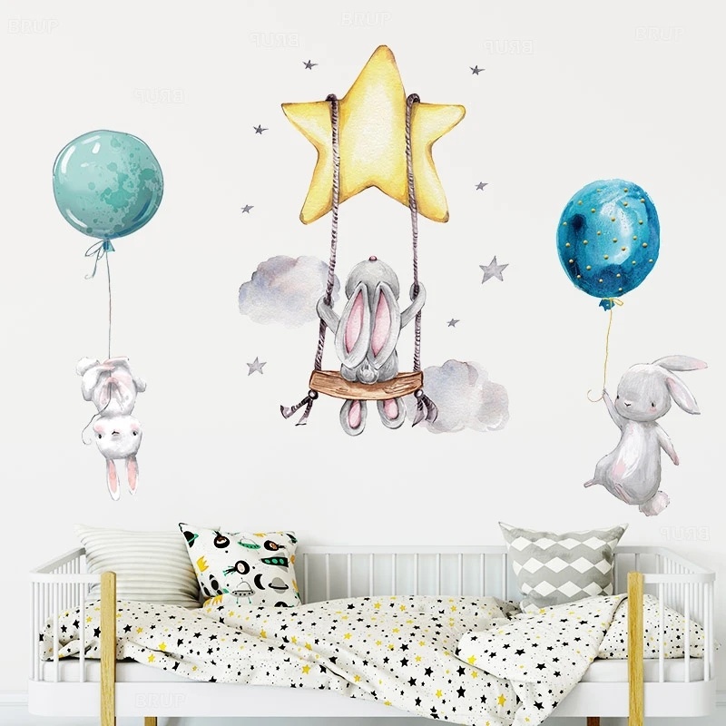 Bunny Baby Nursery Stiker Dinding Kartun Kelinci Swing on The Stars Wall Decals Untuk Kamar Anak PVC Removable Sticker DIY Dekorasi Rumah