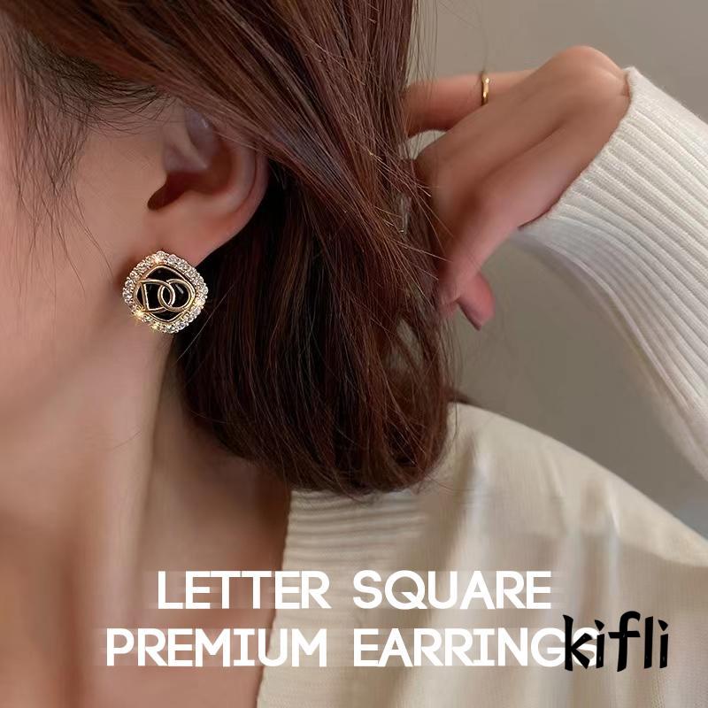 [KD] Anting S925 Perak Micro Hias Zircon Huruf Desain Persegi Premium Sense