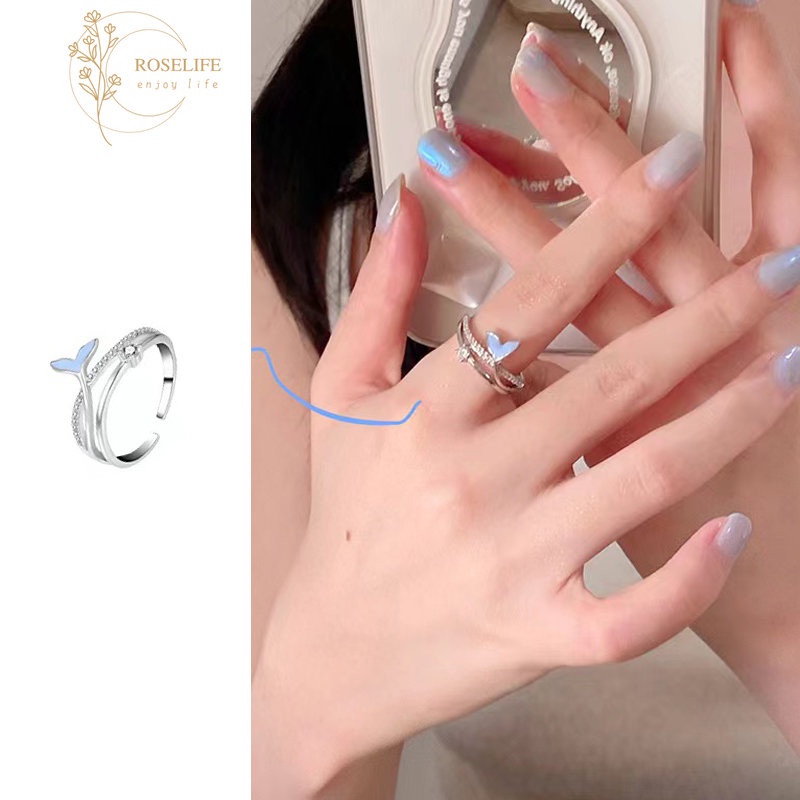 Roselife Indah s925 Perak Bersinar Kristal Biru Fishtail Spiral Cincin Untuk Wanita Gadis Korea Trendi Memutar Jari Rings Fashion Perhiasan Hadiah