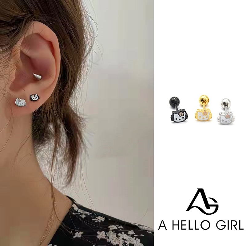 Ahellogirl Anting Tusuk Motif Kartun Lucu KT Kucing Tidak Luntur Bahan Titanium Steel Untuk Wanita