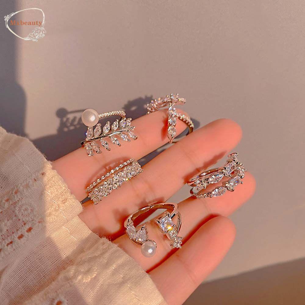Mxbeauty Cincin Wanita Model Terbuka Desain Geometri Hias Zircon + Mutiara Gaya Korea / Romantis Untuk Pernikahan