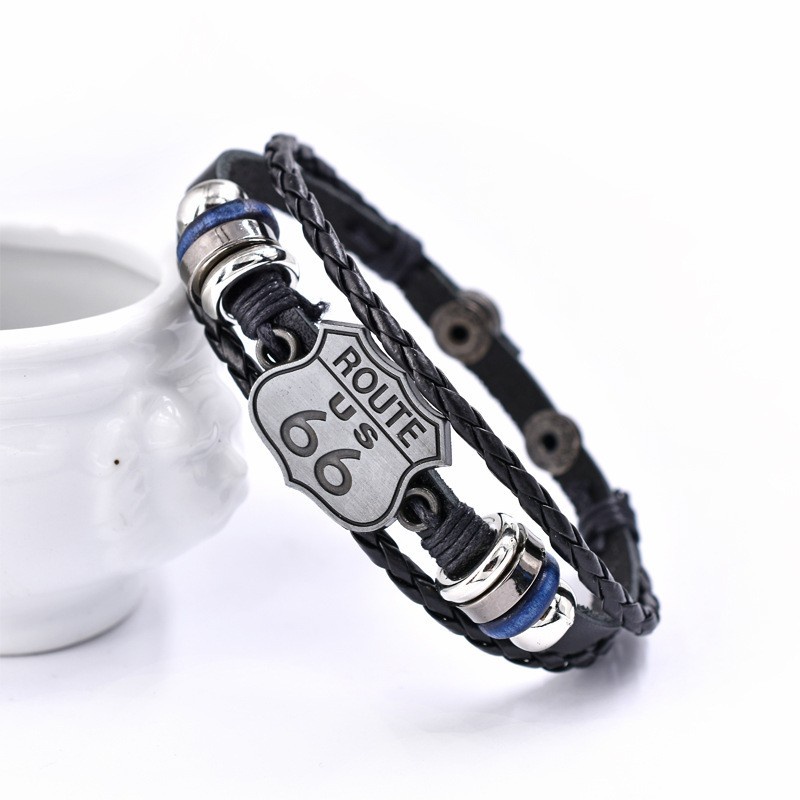 [X C Gelang] Baru US Route66Ibu Jalan Gelang Hitam Kulit Vintage Hip Hop Punk Kulit Gelang Lengan Manik-Manik Multilayer Zinc Alloy Anyaman Gelang