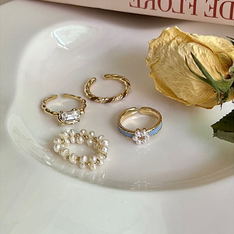 Cincin Geometris Bunga Bahan Alloy Mutiara Fashion Untuk Wanita