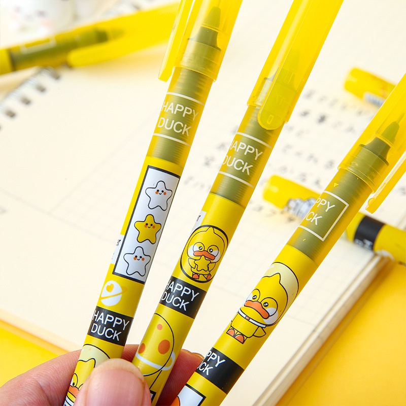 Kartun Bebek Kuning Kecil Halus Cepat Kering Bolpoin/Anak Kawaii Handheld Pensil Tulisan Cair Nyaman