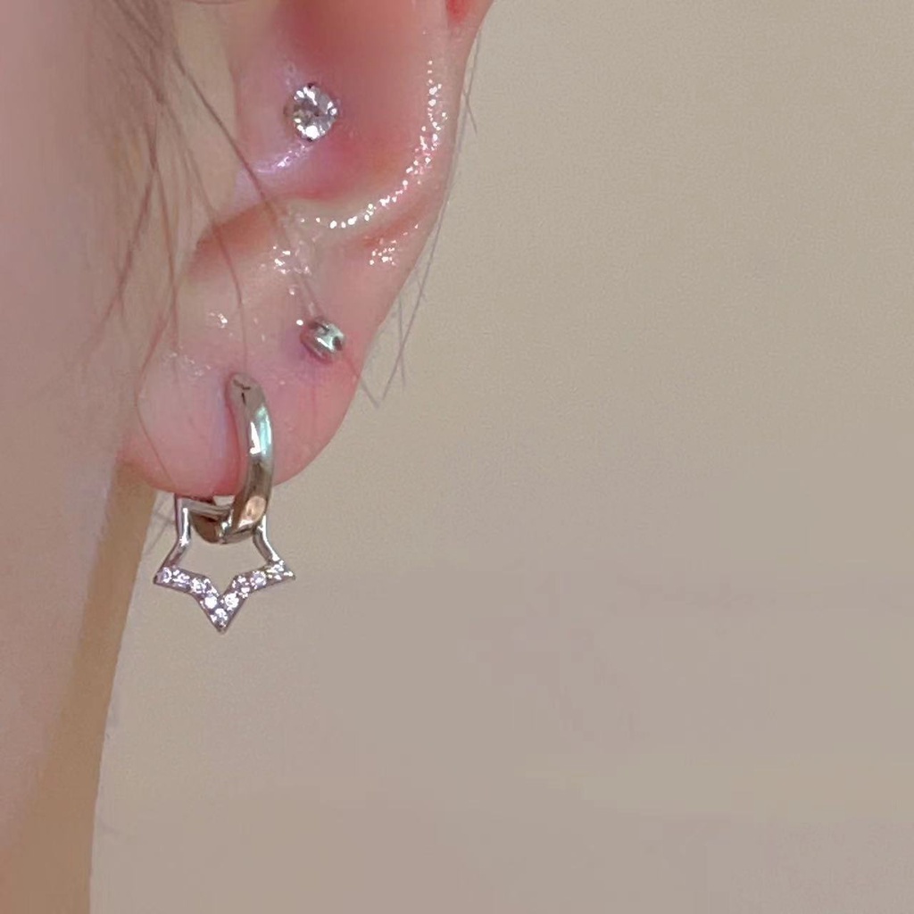Papaozhu Stylish S925 Perak Zirkon Berkilau Bintang Hoop Anting-Anting Untuk Wanita Perempuan Indah Bersinar Kristal Menjuntai Anting-Anting Perhiasan Telinga Kreatif