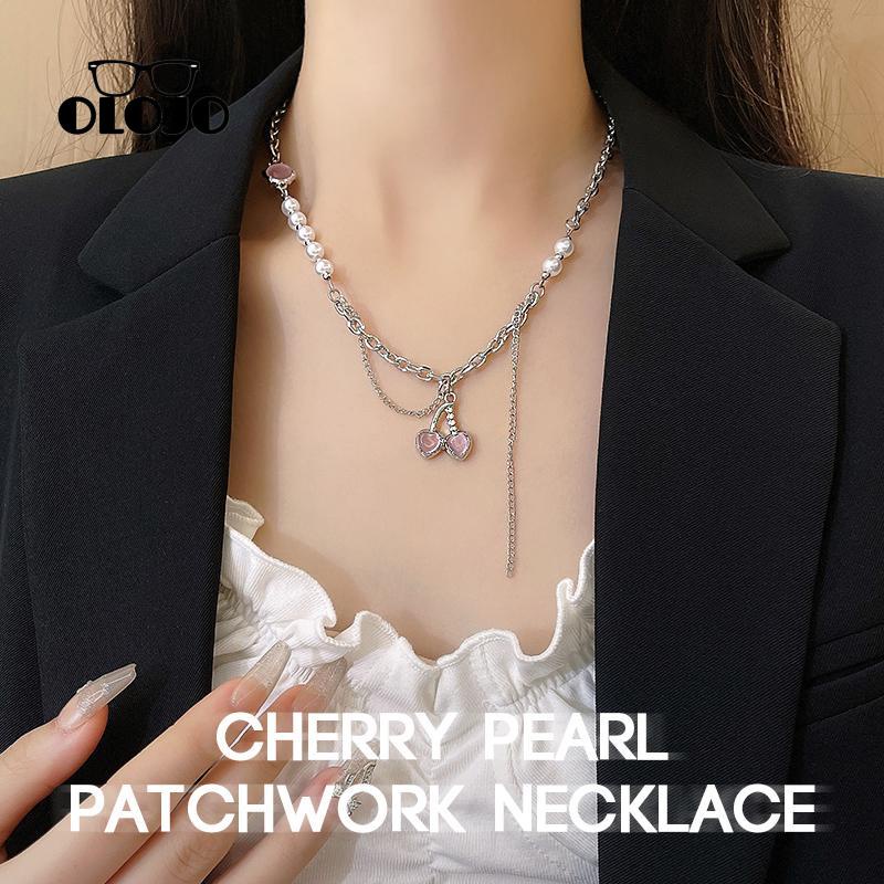 【COD】Cherry Pearl Splicing Necklace Musim Panas Gaya Manis Keren Ringan Mewah Rantai Tulang Selangka Metal