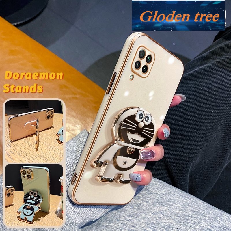 Gloden tree Casing Untuk Huawei Nova 7i Case Fashion Kartun Doraemon Lipat Stand Phone Case Electroplating Shockproof Phone Holder Case