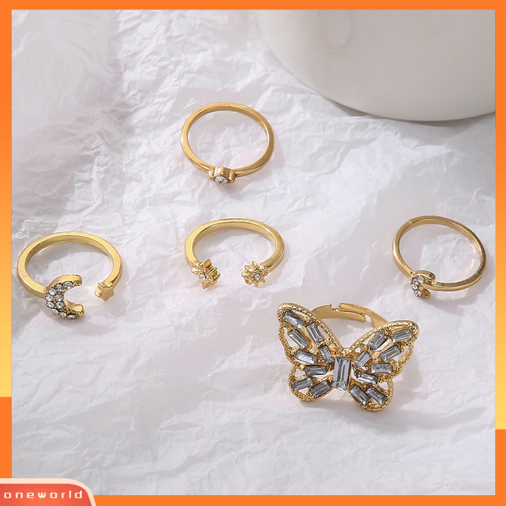 [EONE] 5 Pcs Cincin Buku Jari Kupu-Kupu Bulan Bintang Perhiasan Stackable Rhinestones Finger Rings Perhiasan Aksesoris