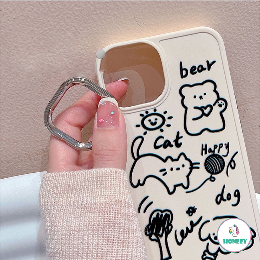 IPHONE Lucu Graffiti Line Animals Bear Happy Cat Phone Cover Case Untuk Iphone14 13 12 11 Pro Max Anjing Yang Indah Jatuh Bukti Soft Cover