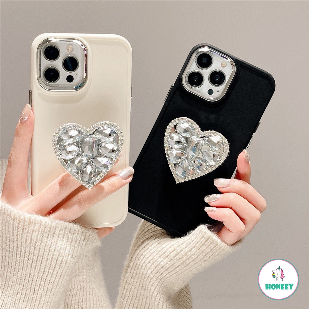 IPHONE Mewah Kristal Berlian Cinta Hati Cermin Ring Holder Stand Soft Phone Case Untuk Iphone11 13 Pro Max14 12 Pro 11 Cover