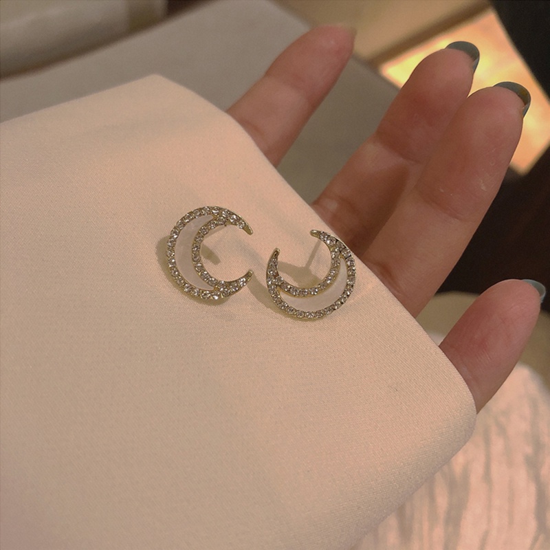 Anting Stud Kristal Bulan Bersinar Untuk Wanita Warna Emas Mewah Ear Studs Perhiasan Hadiah Pesta Pernikahan