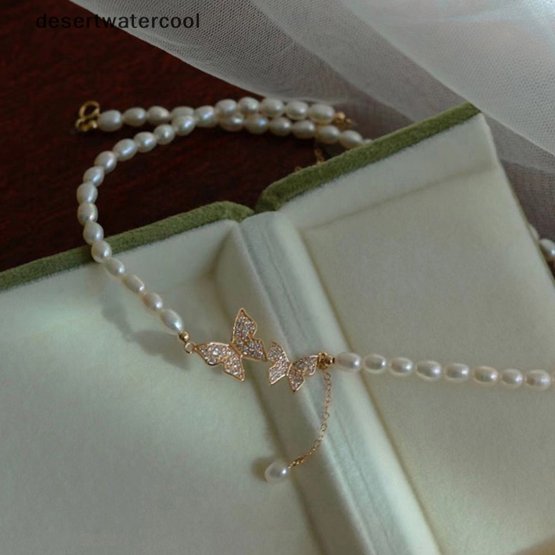 Deid Musim Panas Ganda Berlian Imitasi Kupu-Kupu Kalung Fashion Putih Imitasi Mutiara Choker Kalung Untuk Wanita Gadis Pesta Pernikahan Perhiasan Martijn