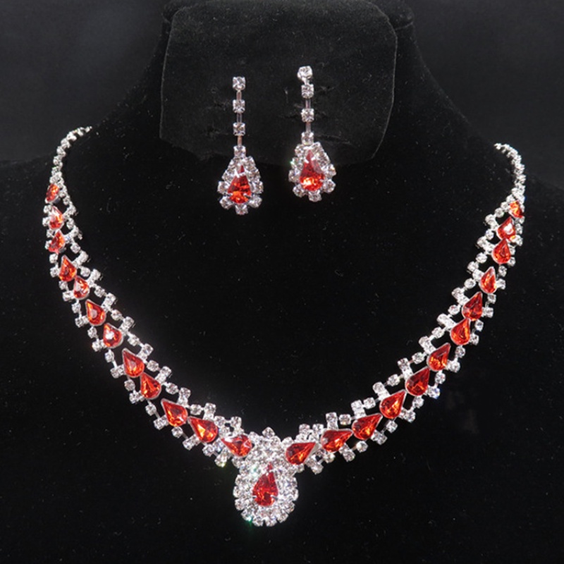 Set Aksesoris Pernikahan Pengantin Fashion Korea Cantik Kalung Droplet Merah