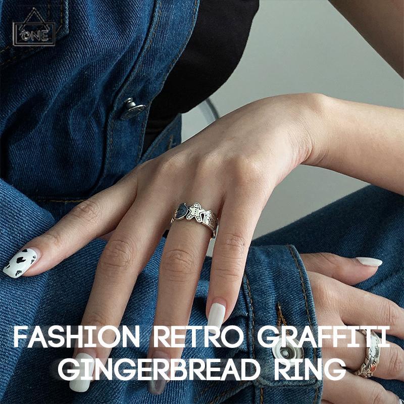 COD❤️Grafiti Perak Gingerbread Man Cincin Terbuka Adjustable Ring Retro Korea Vintage Gaya Untuk Pria Dan Wanita-A.one