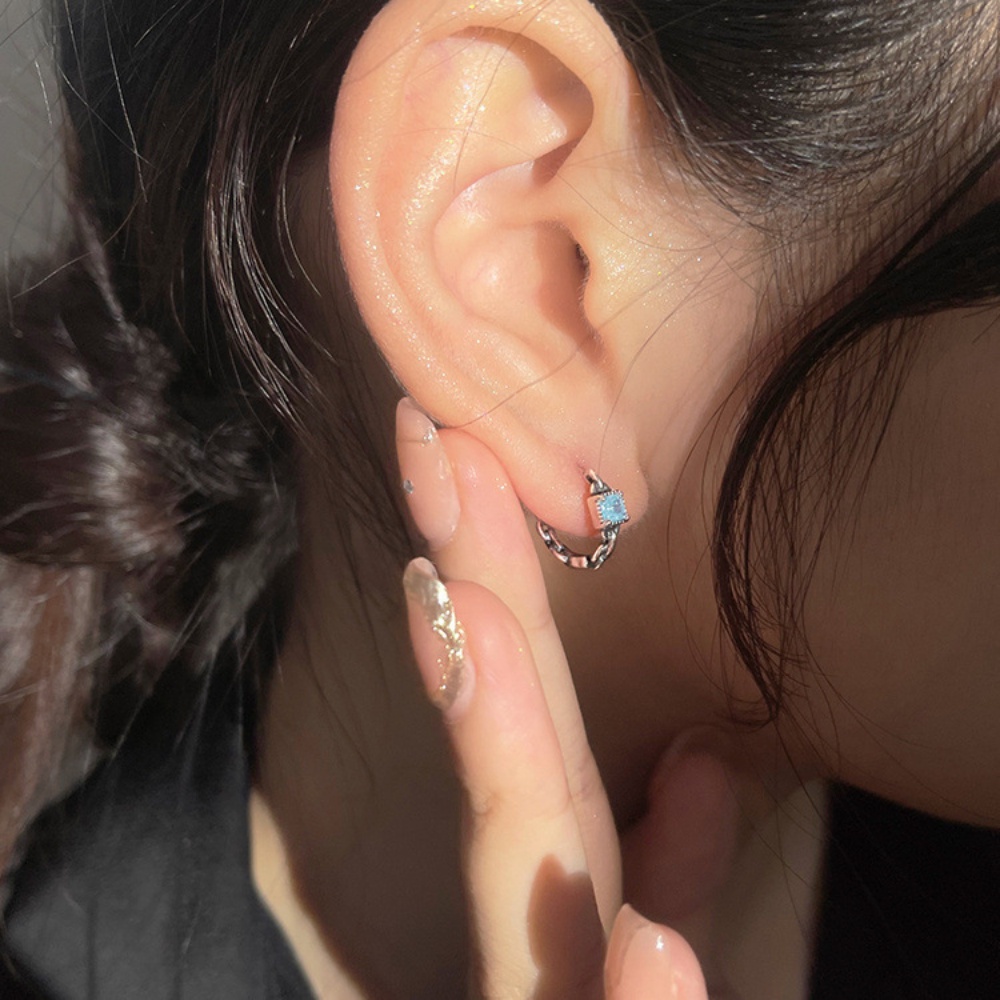 Gaya Korea Sederhana Persegi Biru Zirkon Rantai-Bentuk Telinga Manset Wanita Fashion Perhiasan Perak Baja Titanium Pesona Anting Hoop