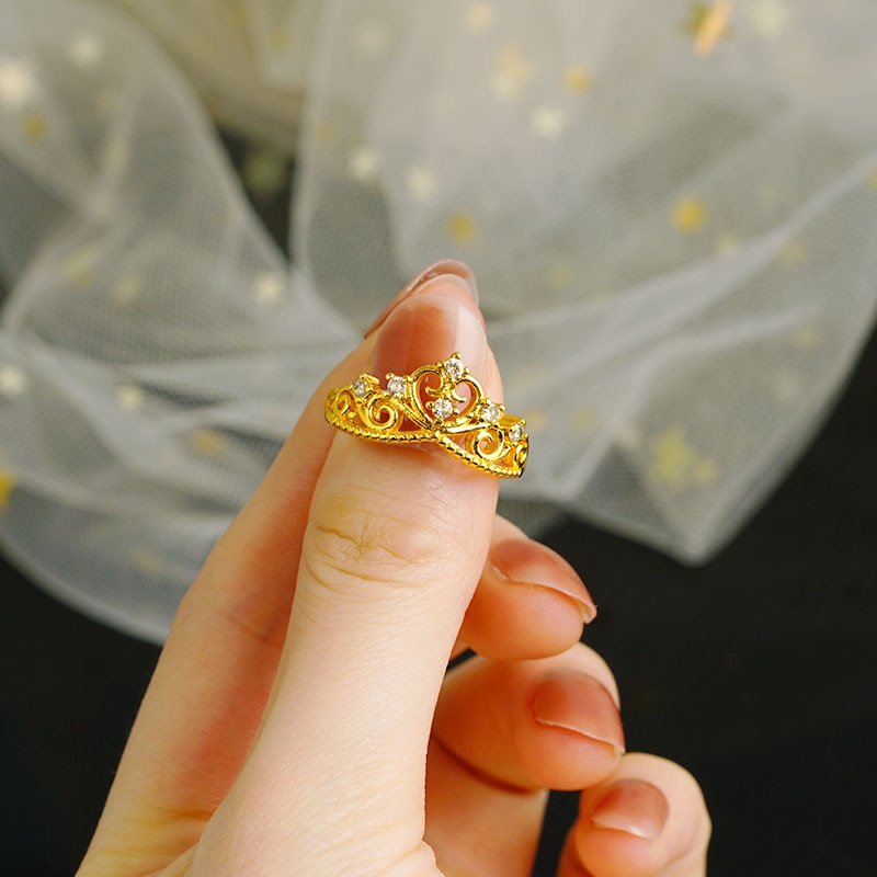 Goldkingdom Aksesoris Perhiasan Fashion Ready Stock Cincin Ringan Mewah Lapis Emas, Mahkota Kupu-Kupu adjustable Berlian setting Untuk Wanita