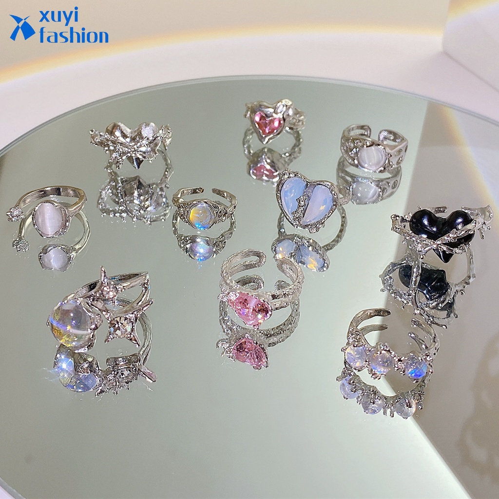 Y2k Moonstone Zircon Cincin Emas Perak Hati Berlian Rings Untuk Wanita Fashion Aksesoris Perhiasan