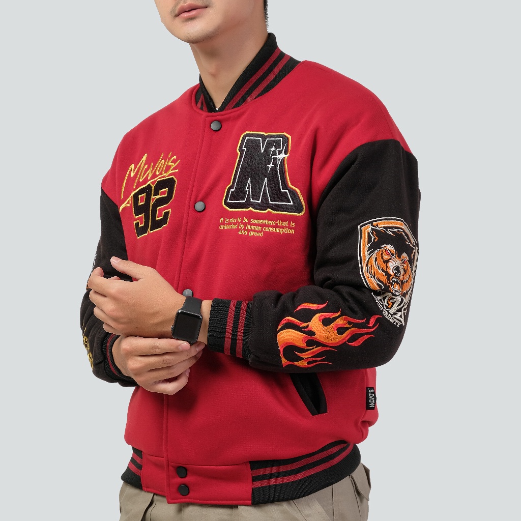 Mcvois Varsity Jaket Maroon Full Bordir Premium Distro