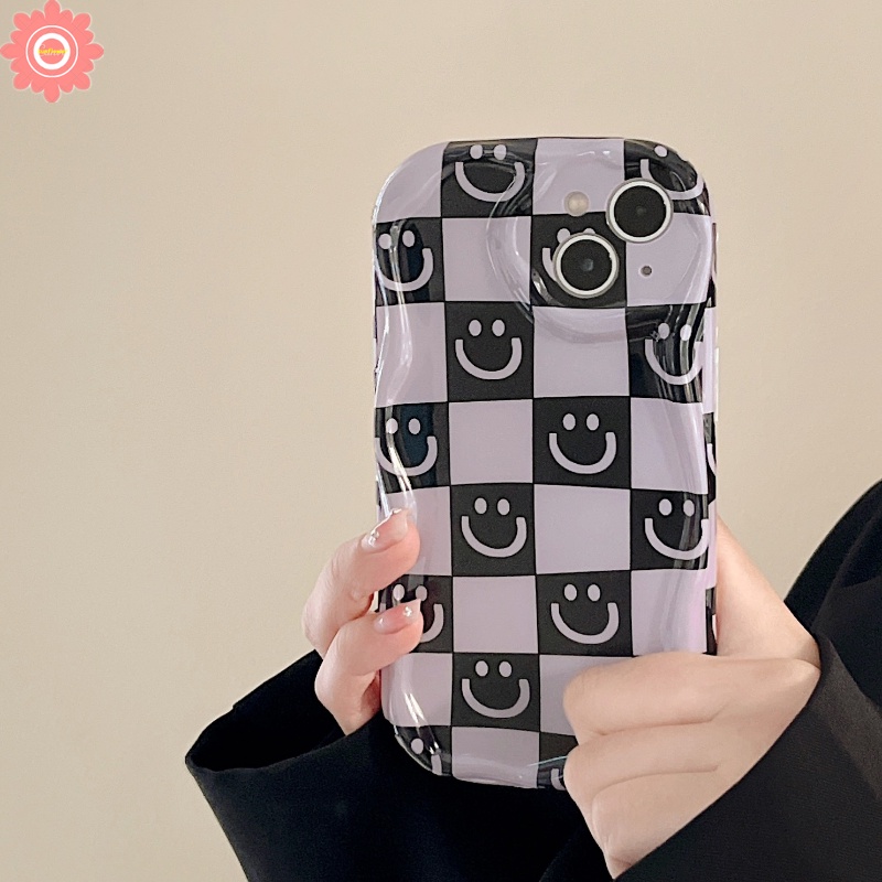 Case Untuk Redmi 10C A1 9T 10 9C 9A 9 10A 9C NFC A2 Redmi Note12 10 11 10s 11s 10Pro 10 Pro Max POCO M3 Senyum Lucu Smiley Kartun Kotak-Kotak 3D Wavy Curved Edge Soft Cover