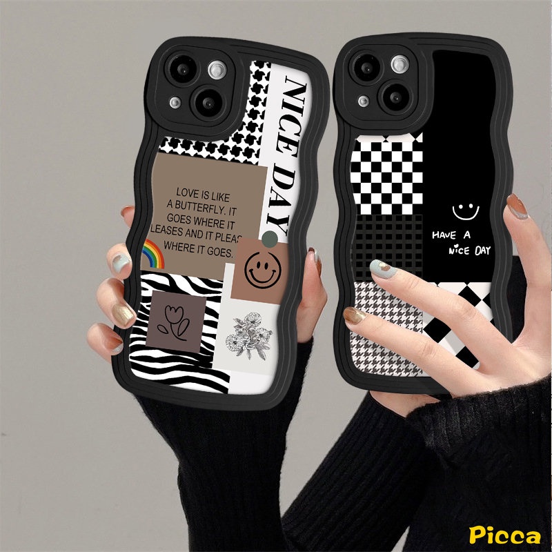 REDMI Untuk Redmi9 10C 12C 10A 9C A1+9A A1 9T 10 Note8 9 11s 9s 11 10s 10 Pro Mi 11T Pro POCO M3 X3 NFC Pro Smiley Berlian Houndstooth Pola Kisi Splicing Tepi Bergelombang Soft Case