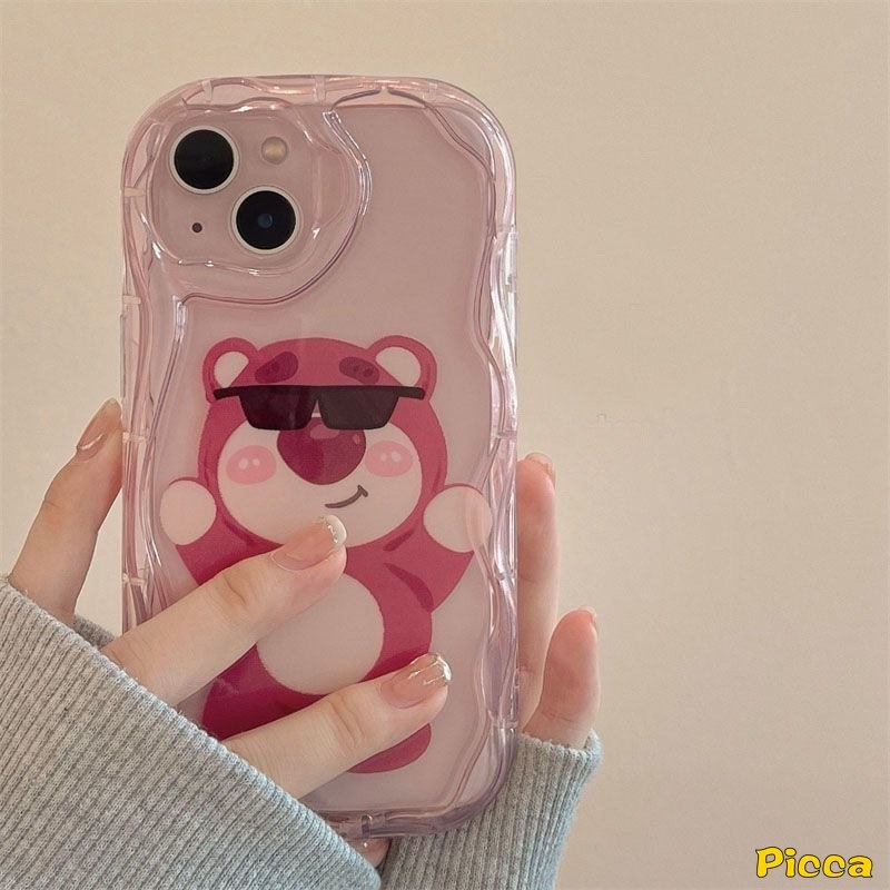 Untuk Oppo A17K A96 A17 A57 A16 A7 A95 A54 A74 A15 A1K A9 A77S A5s A77 A55 A16s A76 A12 A31 A3s A5 A53 2020 A52 A15s Cute Stripe Bear Kartun Strawberry Bear 3D Wavy Curved Edge Case